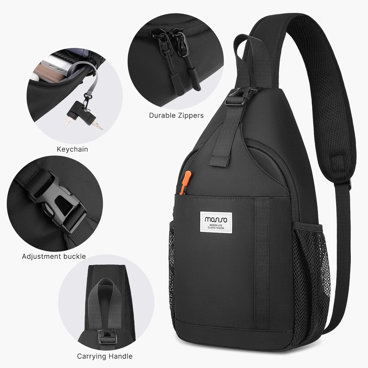 Crossbody Sling Bag for Men Women, Sling Backpack Travel Hiking Daypack, Small Cross Body Shoulder Bag Daypack with 3 Front Pockets for Outdoor Casual Commuting, Black