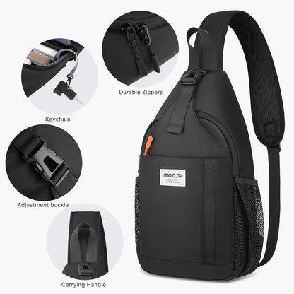 Crossbody Sling Bag for Men Women, Sling Backpack Travel Hiking Daypack, Small Cross Body Shoulder Bag Daypack with 3 Front Pockets for Outdoor Casual Commuting, Black
