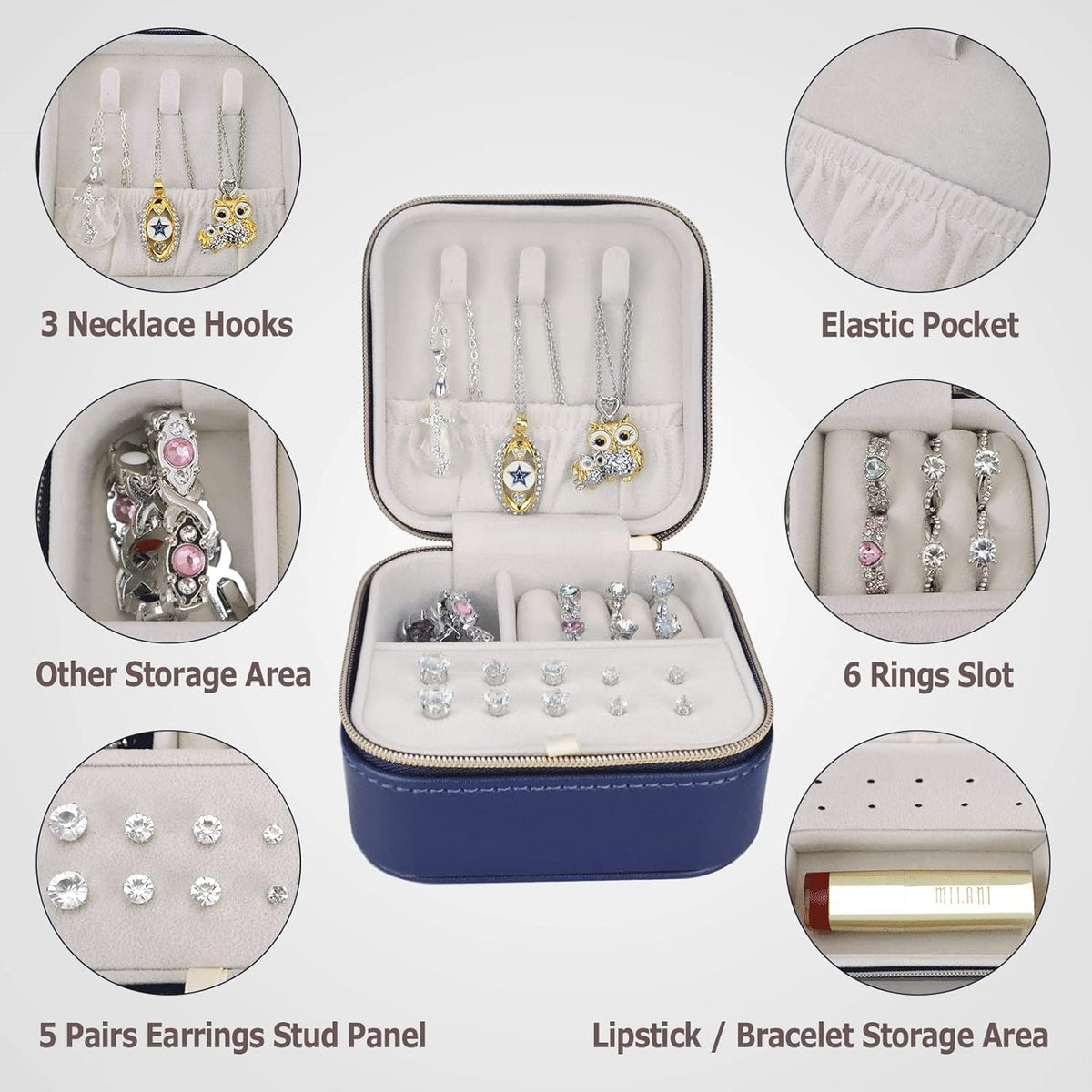 PU Leather Travel Small Portable Mini Travel Jewelry Organizer for Rings Necklaces Earrings and Lipstick Green