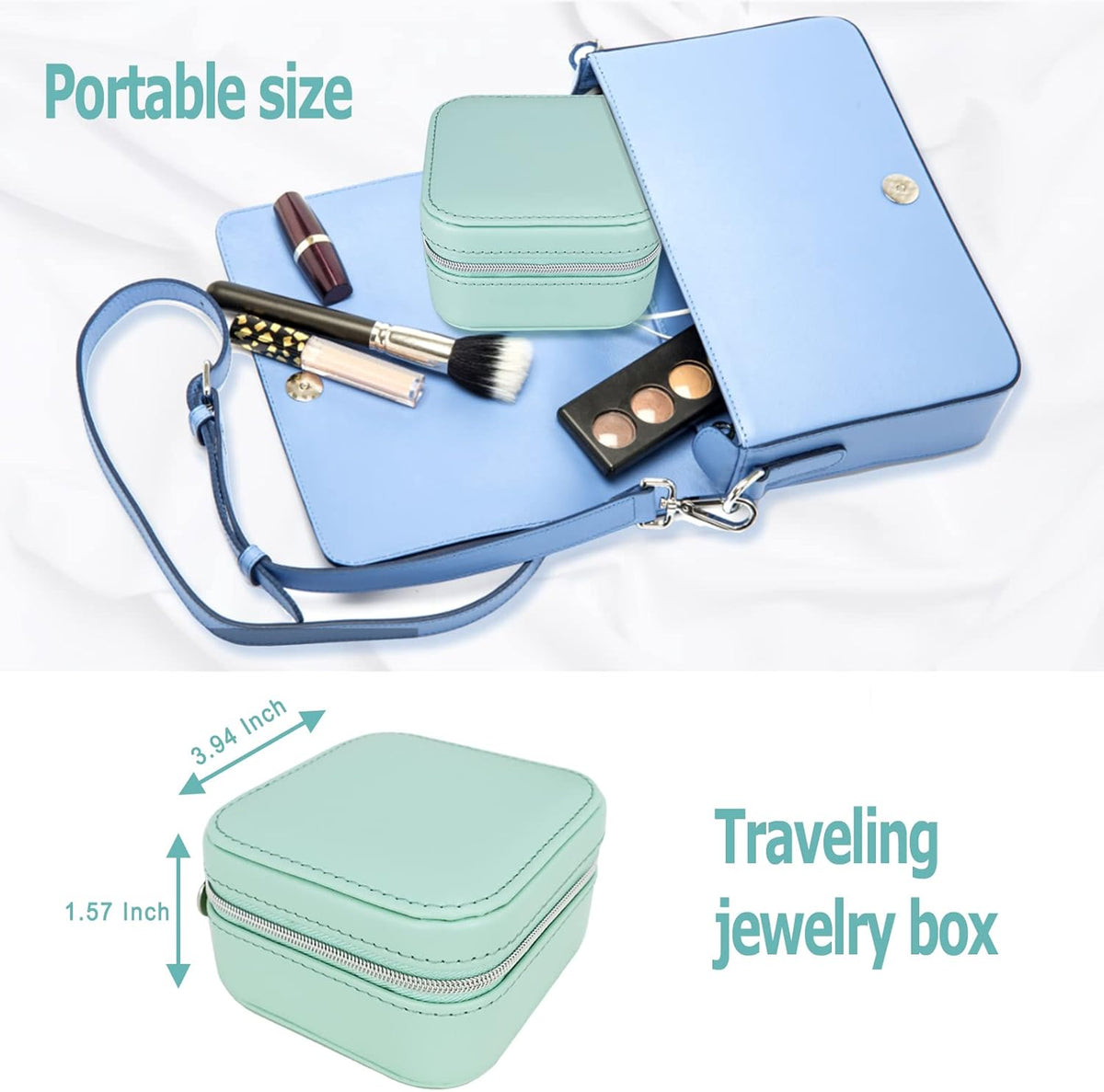 PU Leather Travel Small Portable Mini Travel Jewelry Organizer for Rings Necklaces Earrings and Lipstick Green