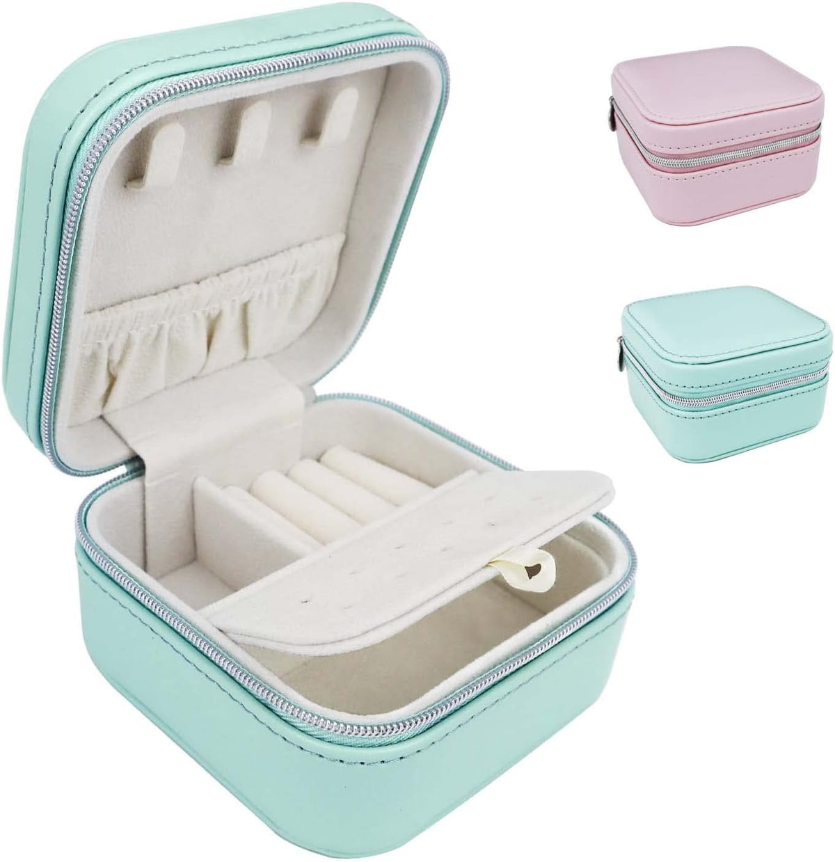 PU Leather Travel Small Portable Mini Travel Jewelry Organizer for Rings Necklaces Earrings and Lipstick Green