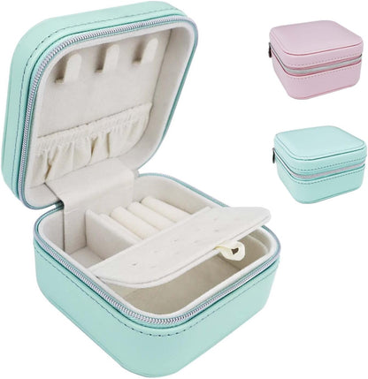 PU Leather Travel Small Portable Mini Travel Jewelry Organizer for Rings Necklaces Earrings and Lipstick Green