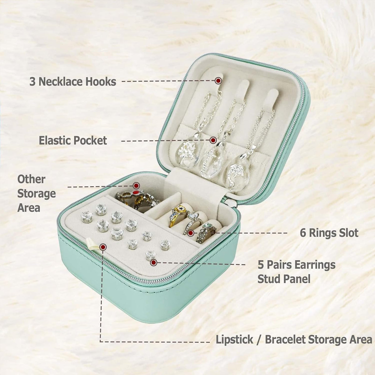 PU Leather Travel Small Portable Mini Travel Jewelry Organizer for Rings Necklaces Earrings and Lipstick Green