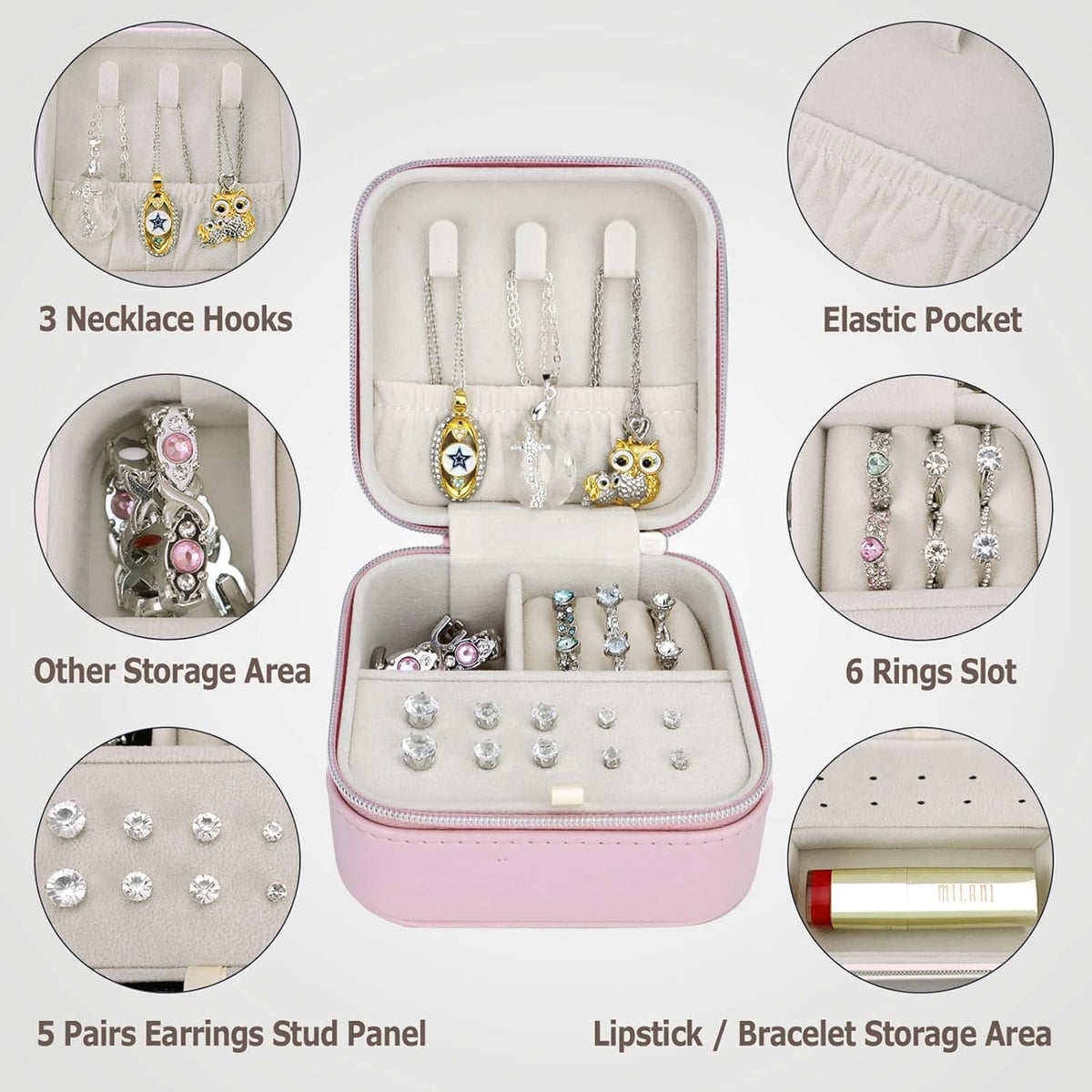 PU Leather Travel Small Portable Mini Travel Jewelry Organizer for Rings Necklaces Earrings and Lipstick Green