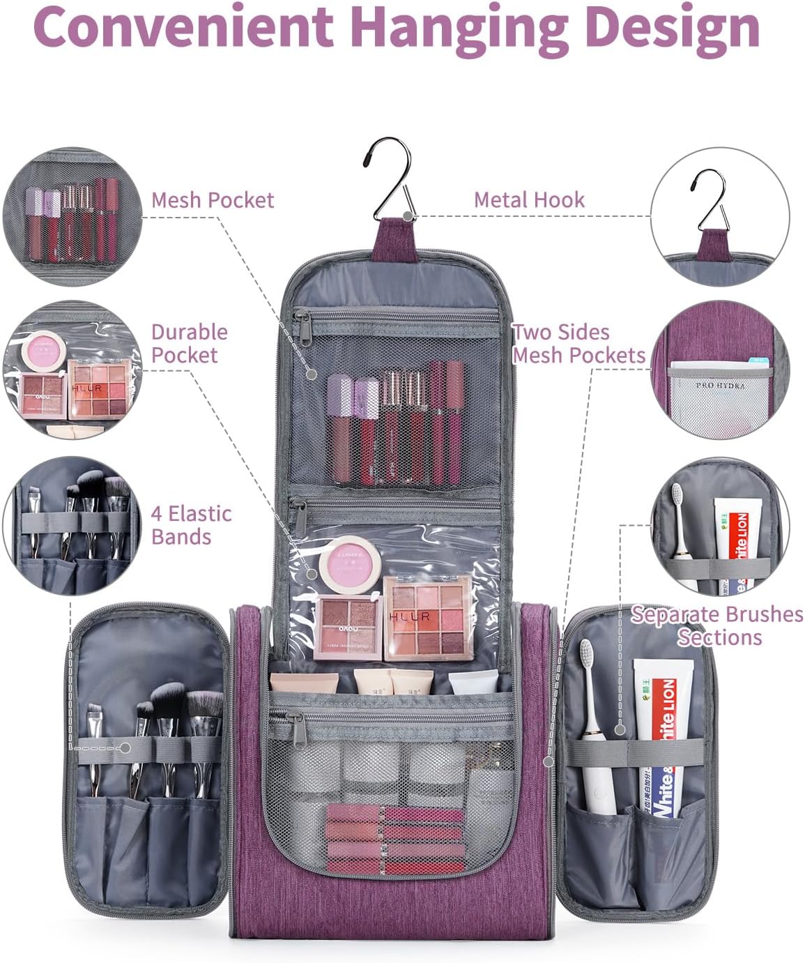 Hanging Toiletry Bag Women Travel Makeup Bag Organizer Toiletries Bag for Travel Size Essentials Accessories Cosmetics (Medium,Blue Flower)