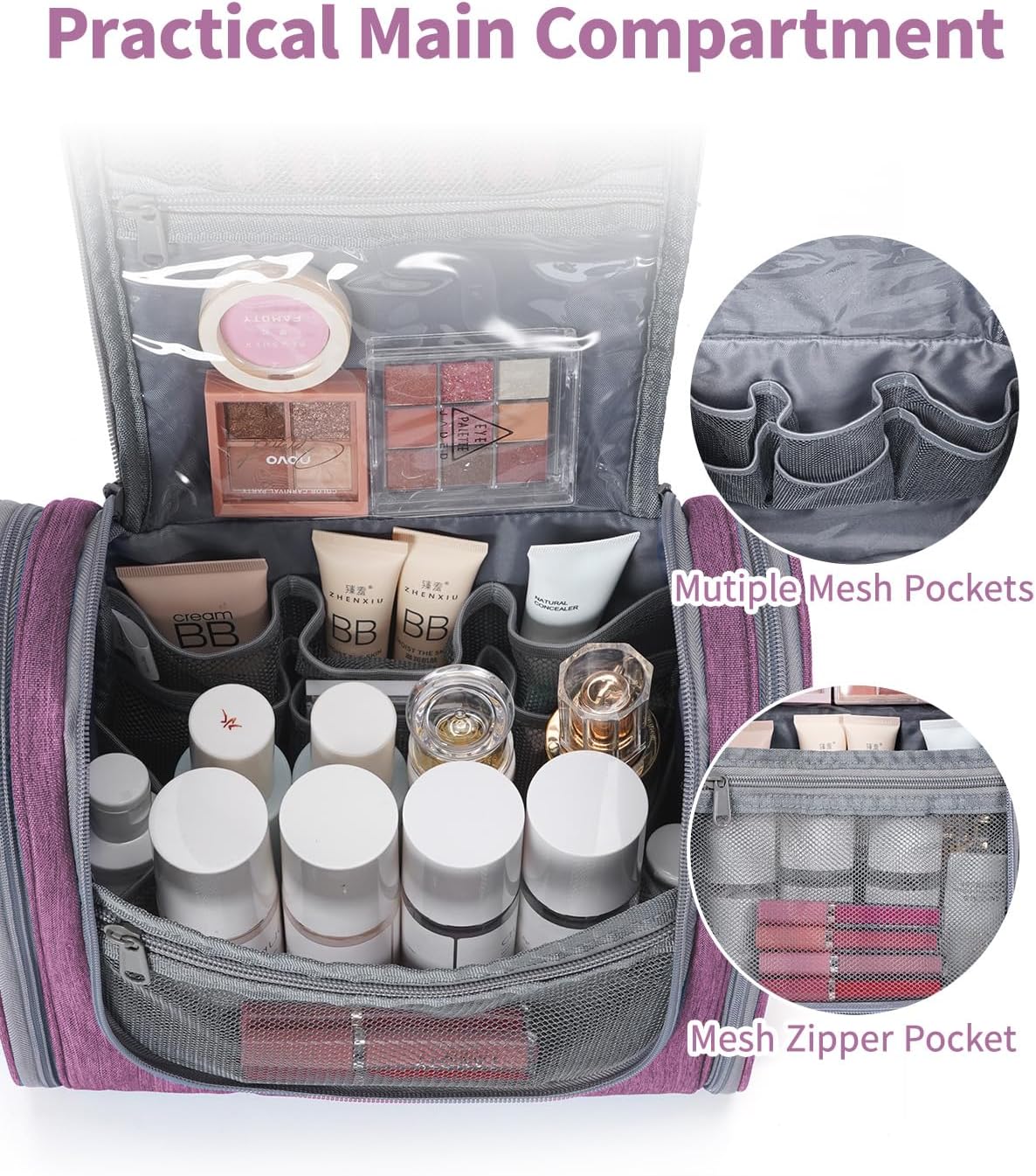 Hanging Toiletry Bag Women Travel Makeup Bag Organizer Toiletries Bag for Travel Size Essentials Accessories Cosmetics (Medium,Blue Flower)