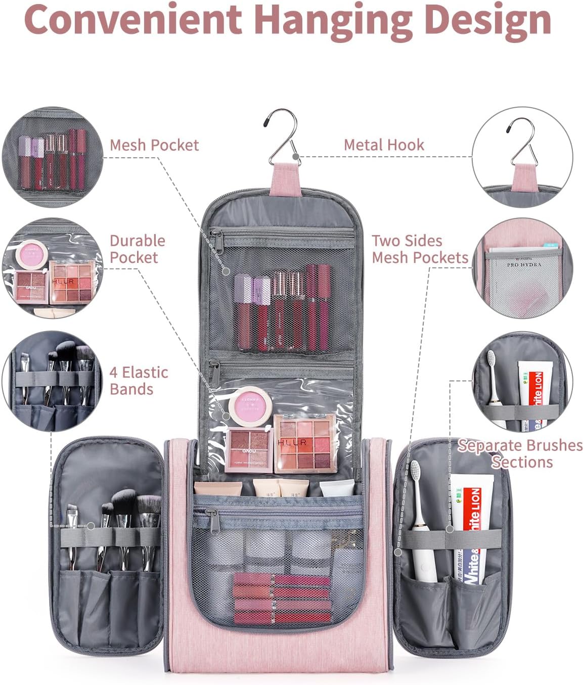 Hanging Toiletry Bag Women Travel Makeup Bag Organizer Toiletries Bag for Travel Size Essentials Accessories Cosmetics (Medium,Blue Flower)