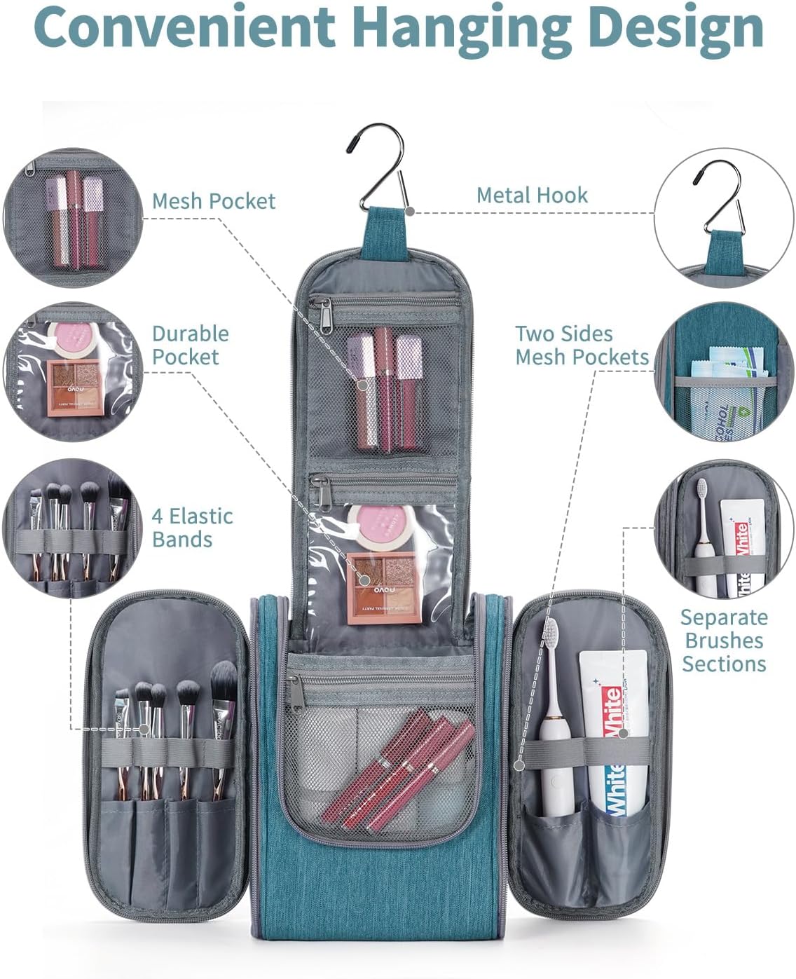 Hanging Toiletry Bag Women Travel Makeup Bag Organizer Toiletries Bag for Travel Size Essentials Accessories Cosmetics (Medium,Blue Flower)