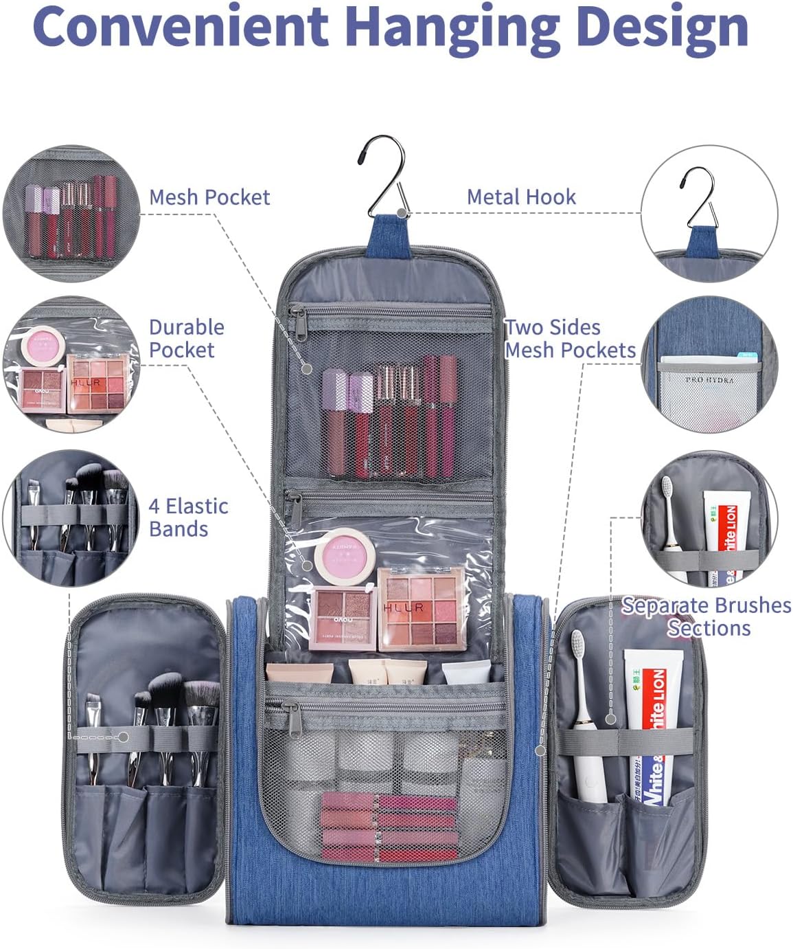 Hanging Toiletry Bag Women Travel Makeup Bag Organizer Toiletries Bag for Travel Size Essentials Accessories Cosmetics (Medium,Blue Flower)