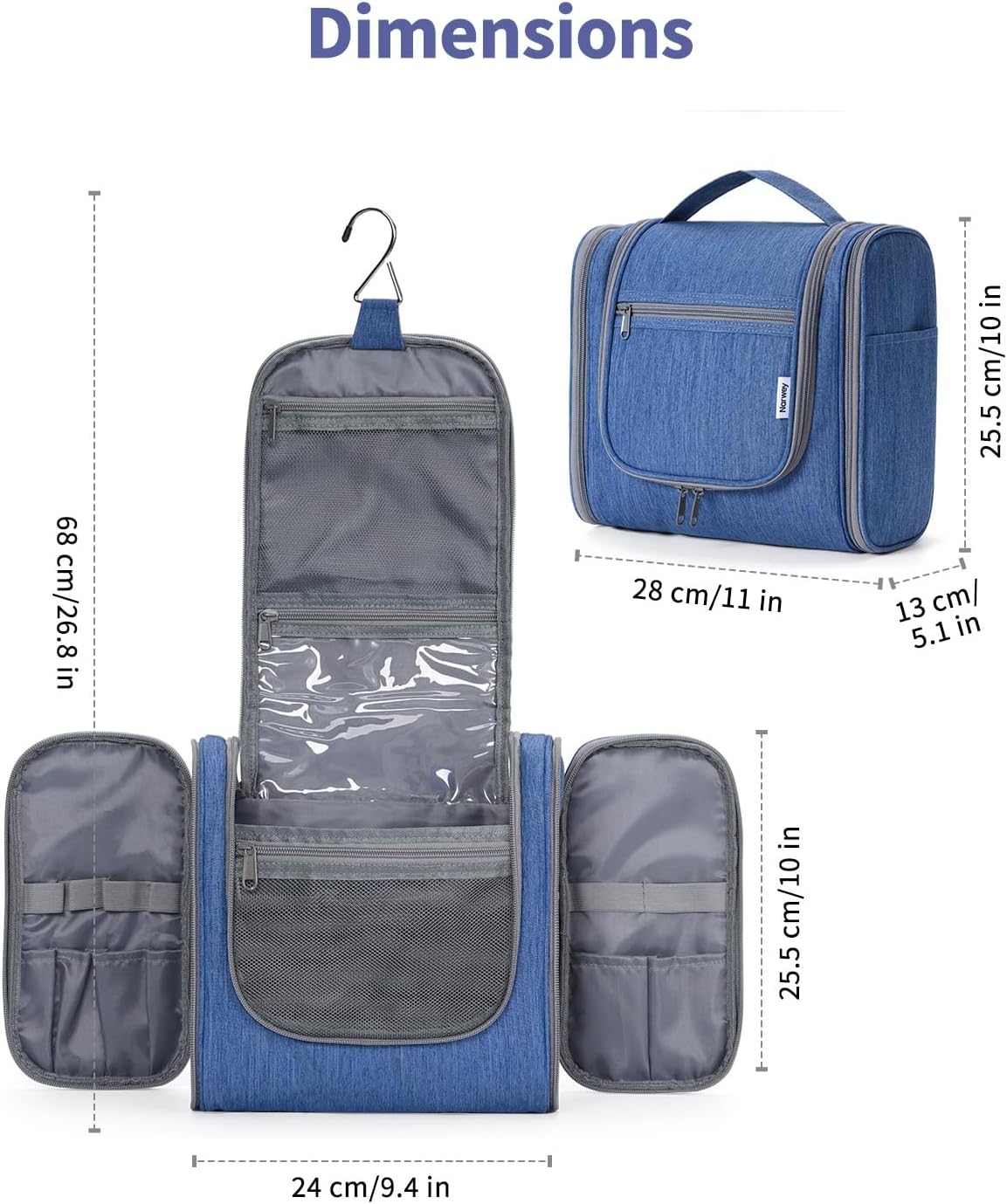 Hanging Toiletry Bag Women Travel Makeup Bag Organizer Toiletries Bag for Travel Size Essentials Accessories Cosmetics (Medium,Blue Flower)