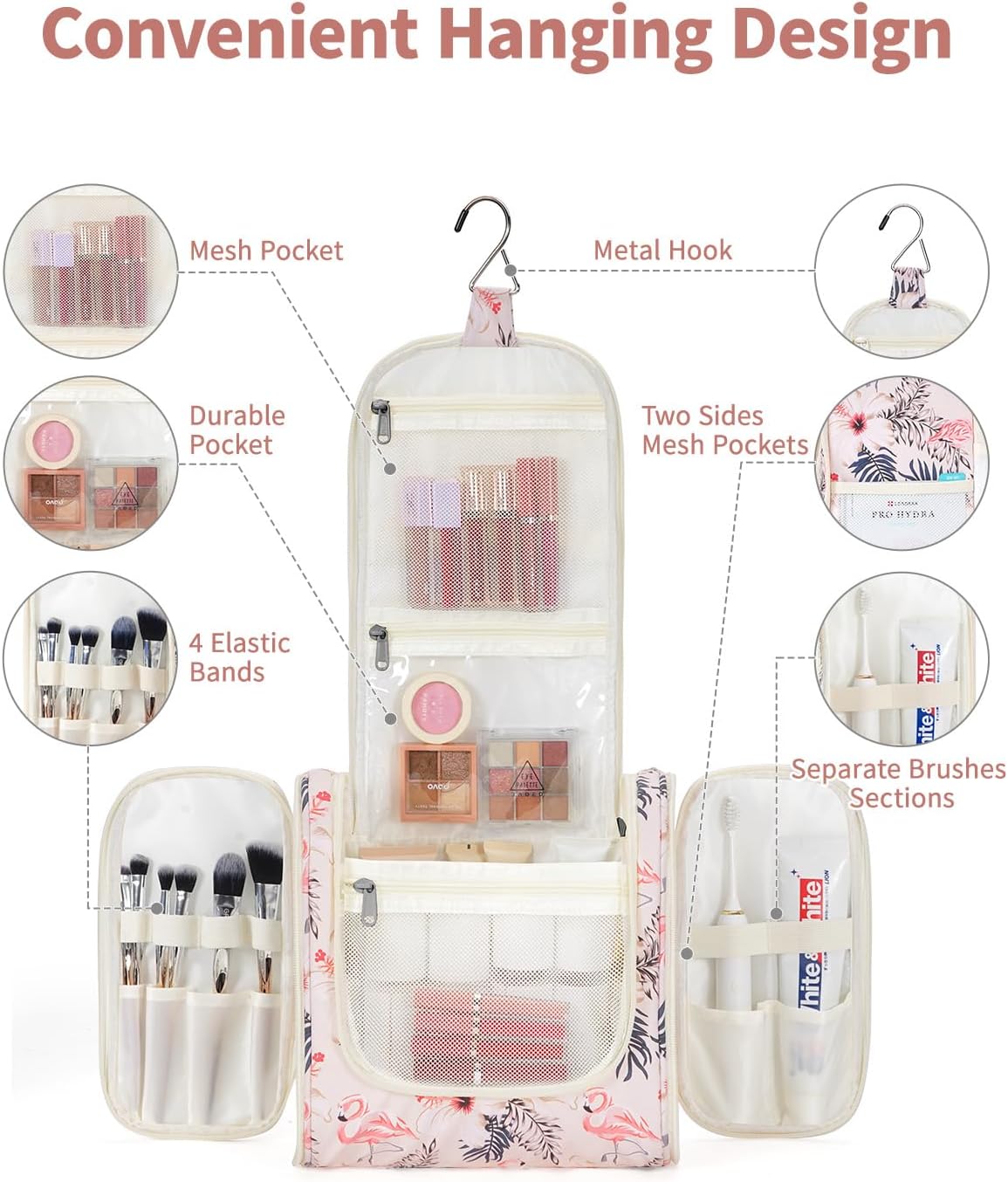 Hanging Toiletry Bag Women Travel Makeup Bag Organizer Toiletries Bag for Travel Size Essentials Accessories Cosmetics (Medium,Blue Flower)