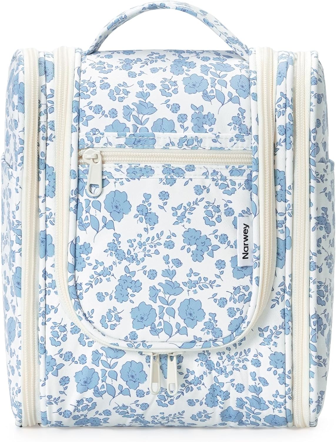 Hanging Toiletry Bag Women Travel Makeup Bag Organizer Toiletries Bag for Travel Size Essentials Accessories Cosmetics (Medium,Blue Flower)