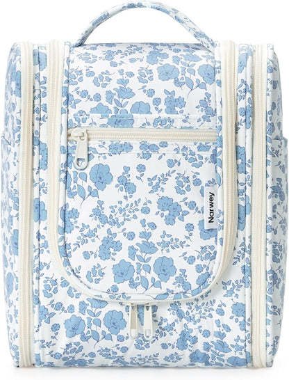 Hanging Toiletry Bag Women Travel Makeup Bag Organizer Toiletries Bag for Travel Size Essentials Accessories Cosmetics (Medium,Blue Flower)