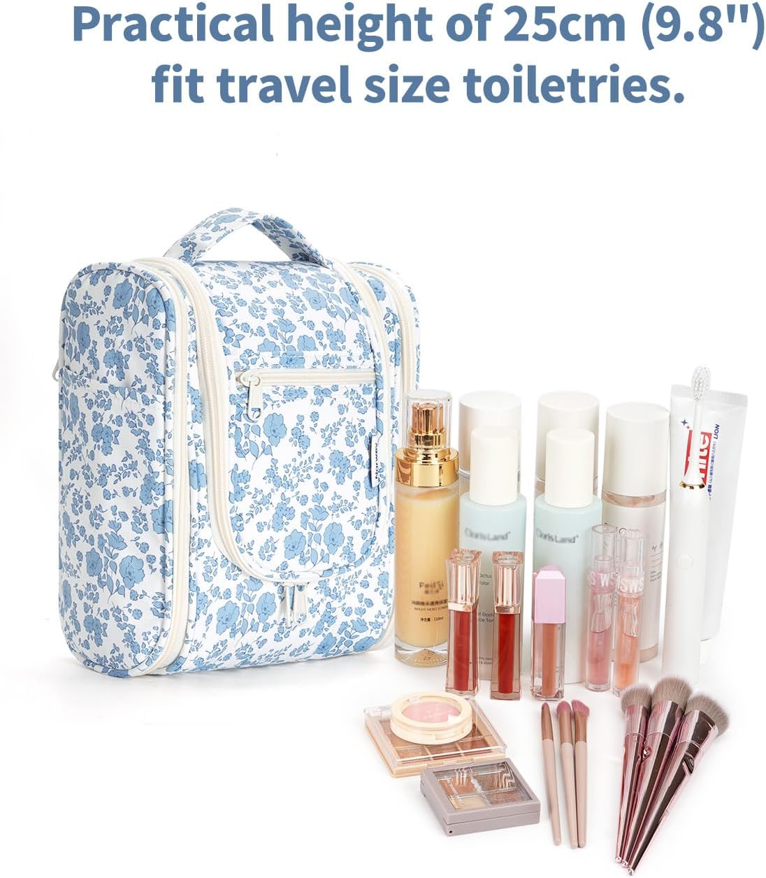 Hanging Toiletry Bag Women Travel Makeup Bag Organizer Toiletries Bag for Travel Size Essentials Accessories Cosmetics (Medium,Blue Flower)
