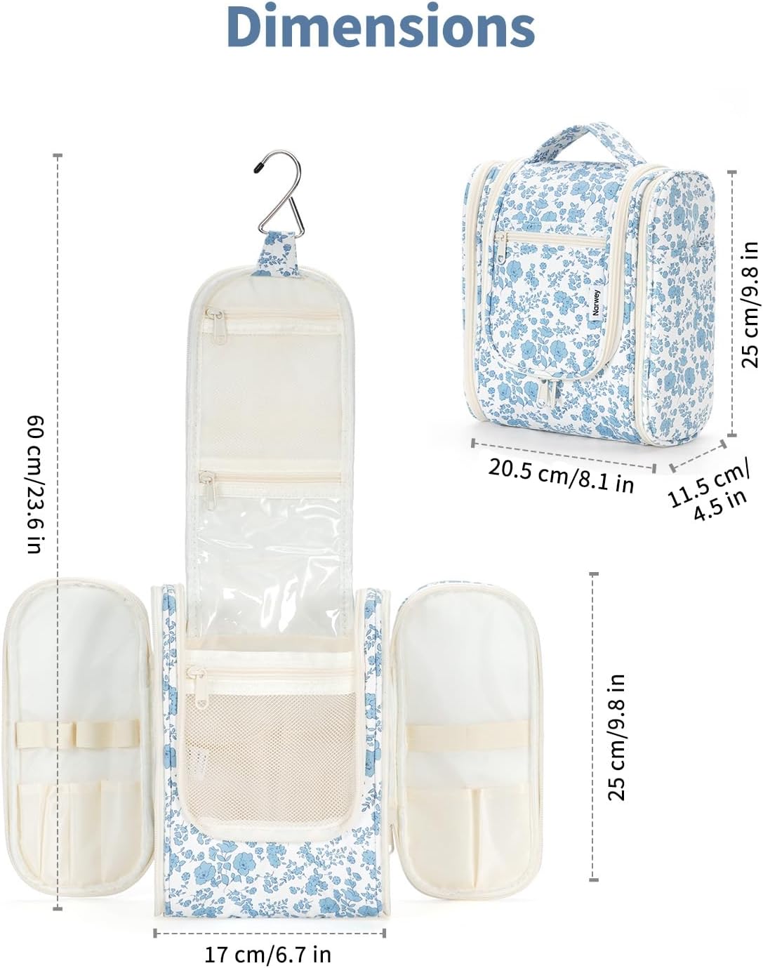 Hanging Toiletry Bag Women Travel Makeup Bag Organizer Toiletries Bag for Travel Size Essentials Accessories Cosmetics (Medium,Blue Flower)