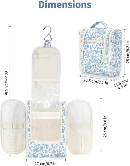 Hanging Toiletry Bag Women Travel Makeup Bag Organizer Toiletries Bag for Travel Size Essentials Accessories Cosmetics (Medium,Blue Flower)