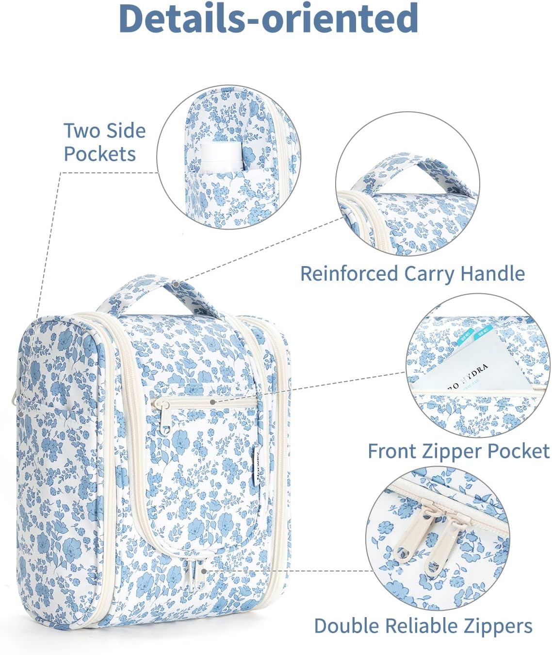Hanging Toiletry Bag Women Travel Makeup Bag Organizer Toiletries Bag for Travel Size Essentials Accessories Cosmetics (Medium,Blue Flower)