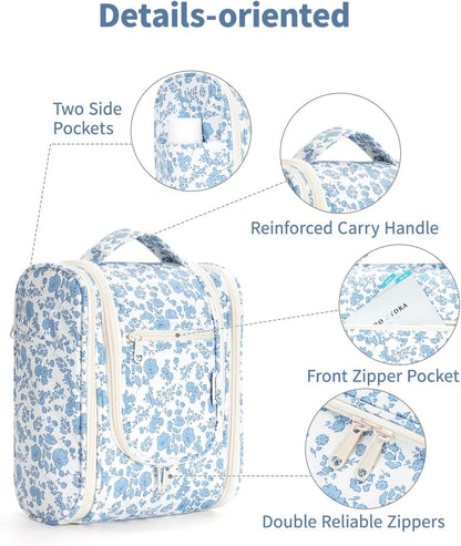 Hanging Toiletry Bag Women Travel Makeup Bag Organizer Toiletries Bag for Travel Size Essentials Accessories Cosmetics (Medium,Blue Flower)