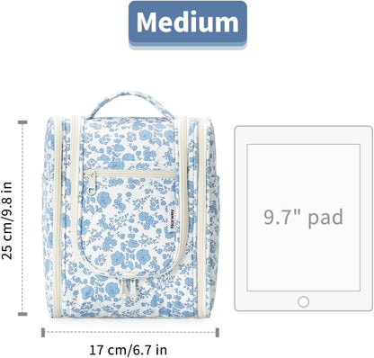 Hanging Toiletry Bag Women Travel Makeup Bag Organizer Toiletries Bag for Travel Size Essentials Accessories Cosmetics (Medium,Blue Flower)