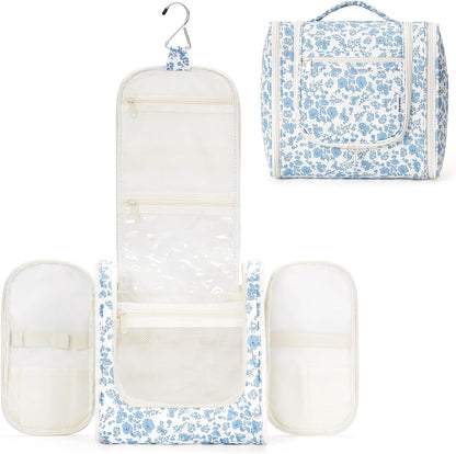 Hanging Toiletry Bag Women Travel Makeup Bag Organizer Toiletries Bag for Travel Size Essentials Accessories Cosmetics (Medium,Blue Flower)