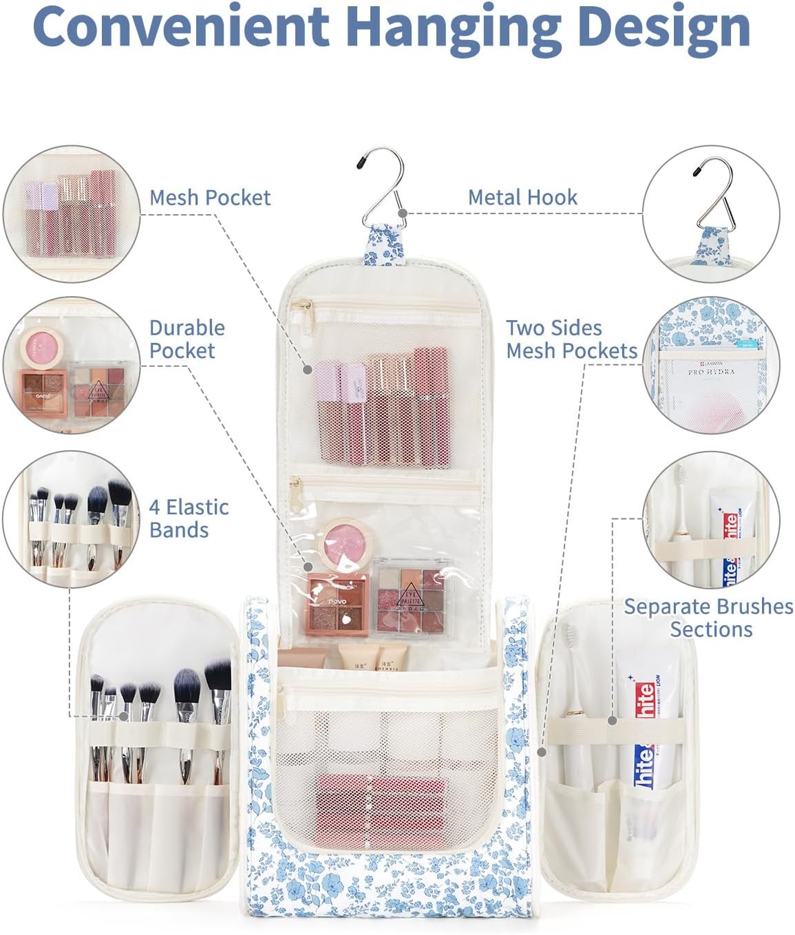 Hanging Toiletry Bag Women Travel Makeup Bag Organizer Toiletries Bag for Travel Size Essentials Accessories Cosmetics (Medium,Blue Flower)