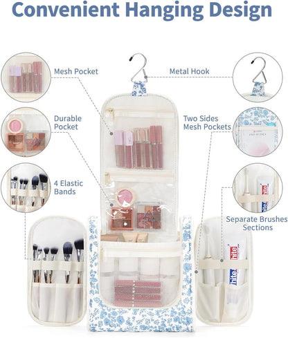Hanging Toiletry Bag Women Travel Makeup Bag Organizer Toiletries Bag for Travel Size Essentials Accessories Cosmetics (Medium,Blue Flower)