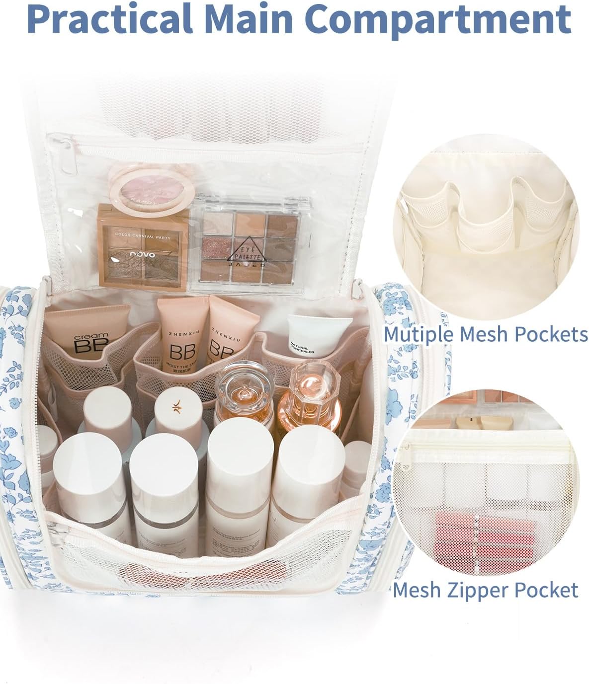Hanging Toiletry Bag Women Travel Makeup Bag Organizer Toiletries Bag for Travel Size Essentials Accessories Cosmetics (Medium,Blue Flower)