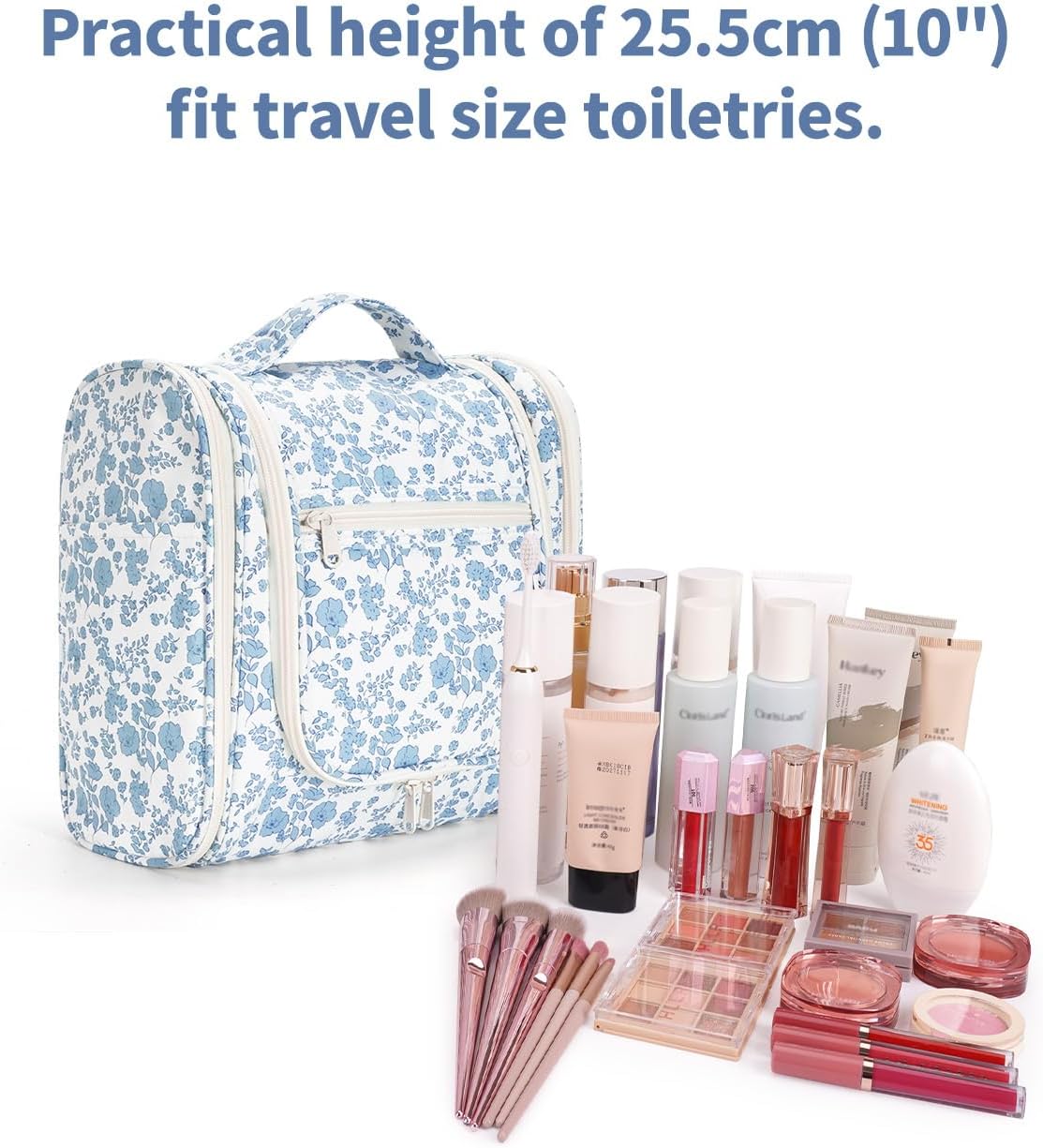 Hanging Toiletry Bag Women Travel Makeup Bag Organizer Toiletries Bag for Travel Size Essentials Accessories Cosmetics (Medium,Blue Flower)