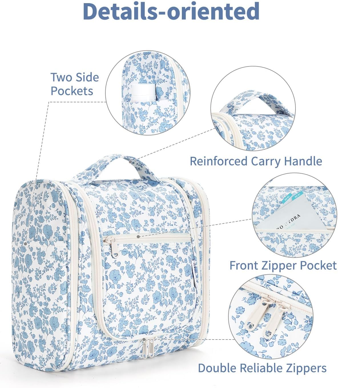 Hanging Toiletry Bag Women Travel Makeup Bag Organizer Toiletries Bag for Travel Size Essentials Accessories Cosmetics (Medium,Blue Flower)