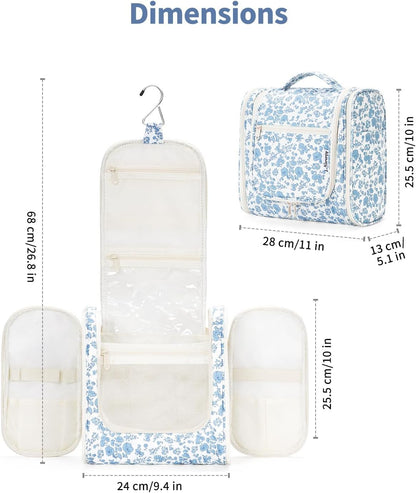 Hanging Toiletry Bag Women Travel Makeup Bag Organizer Toiletries Bag for Travel Size Essentials Accessories Cosmetics (Medium,Blue Flower)