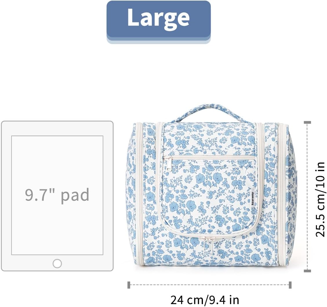 Hanging Toiletry Bag Women Travel Makeup Bag Organizer Toiletries Bag for Travel Size Essentials Accessories Cosmetics (Medium,Blue Flower)