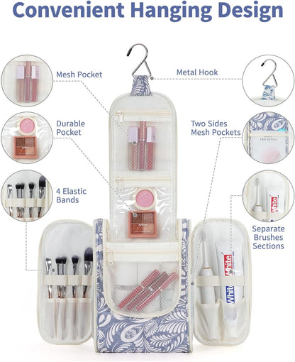 Hanging Toiletry Bag Women Travel Makeup Bag Organizer Toiletries Bag for Travel Size Essentials Accessories Cosmetics (Medium,Blue Flower)