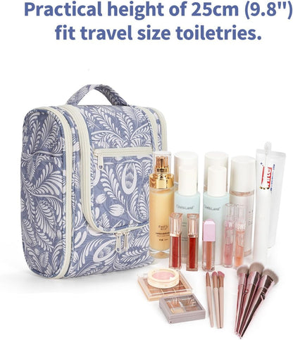 Hanging Toiletry Bag Women Travel Makeup Bag Organizer Toiletries Bag for Travel Size Essentials Accessories Cosmetics (Medium,Blue Flower)