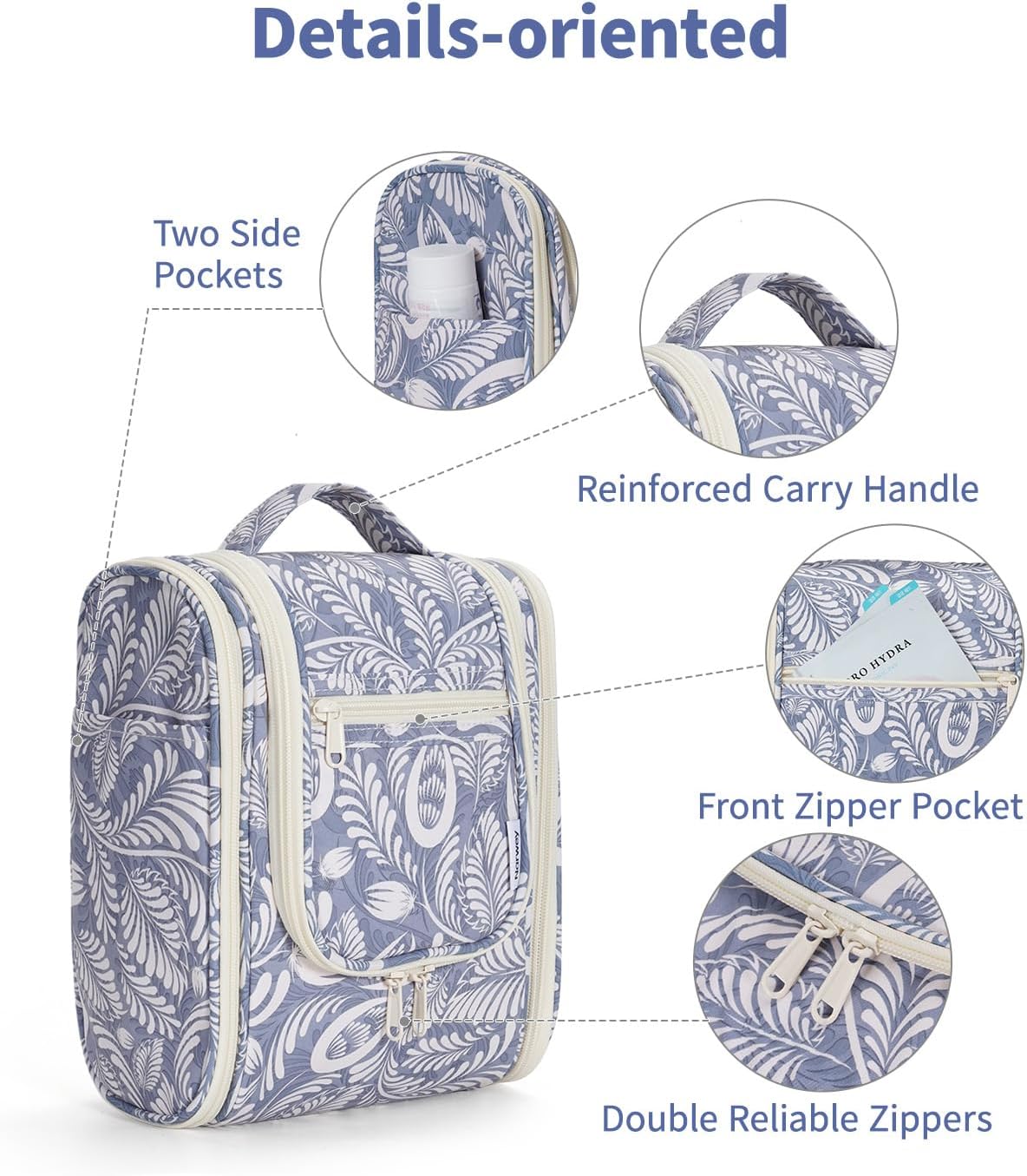 Hanging Toiletry Bag Women Travel Makeup Bag Organizer Toiletries Bag for Travel Size Essentials Accessories Cosmetics (Medium,Blue Flower)