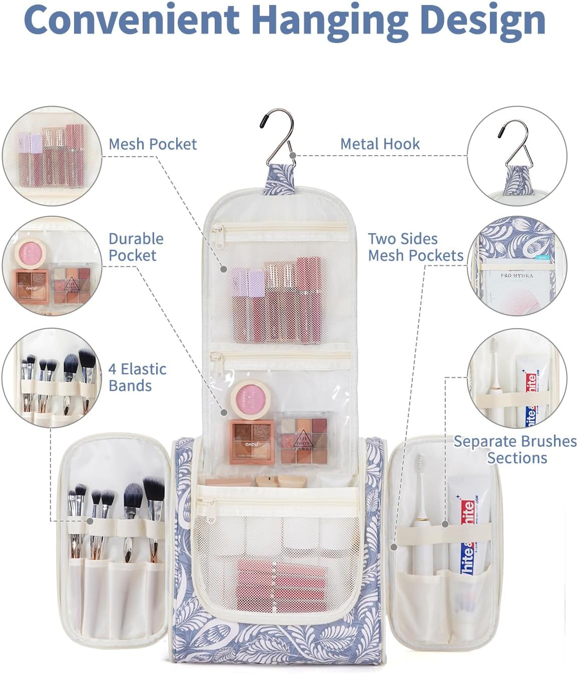 Hanging Toiletry Bag Women Travel Makeup Bag Organizer Toiletries Bag for Travel Size Essentials Accessories Cosmetics (Medium,Blue Flower)