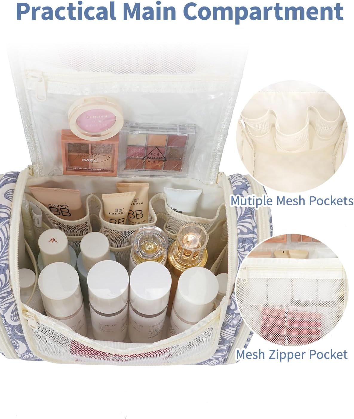 Hanging Toiletry Bag Women Travel Makeup Bag Organizer Toiletries Bag for Travel Size Essentials Accessories Cosmetics (Medium,Blue Flower)