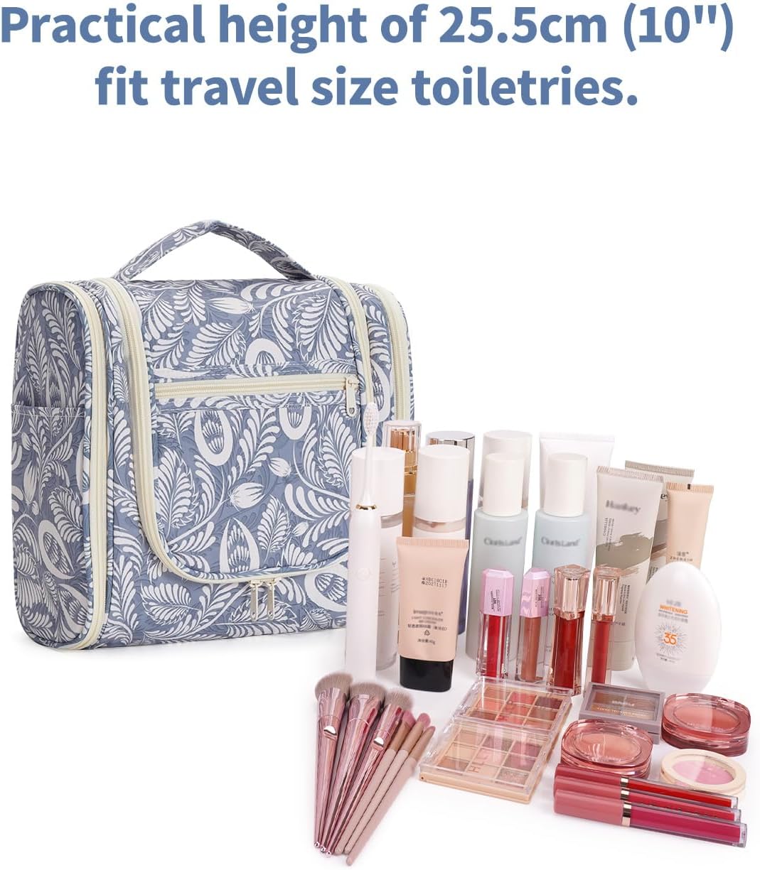 Hanging Toiletry Bag Women Travel Makeup Bag Organizer Toiletries Bag for Travel Size Essentials Accessories Cosmetics (Medium,Blue Flower)