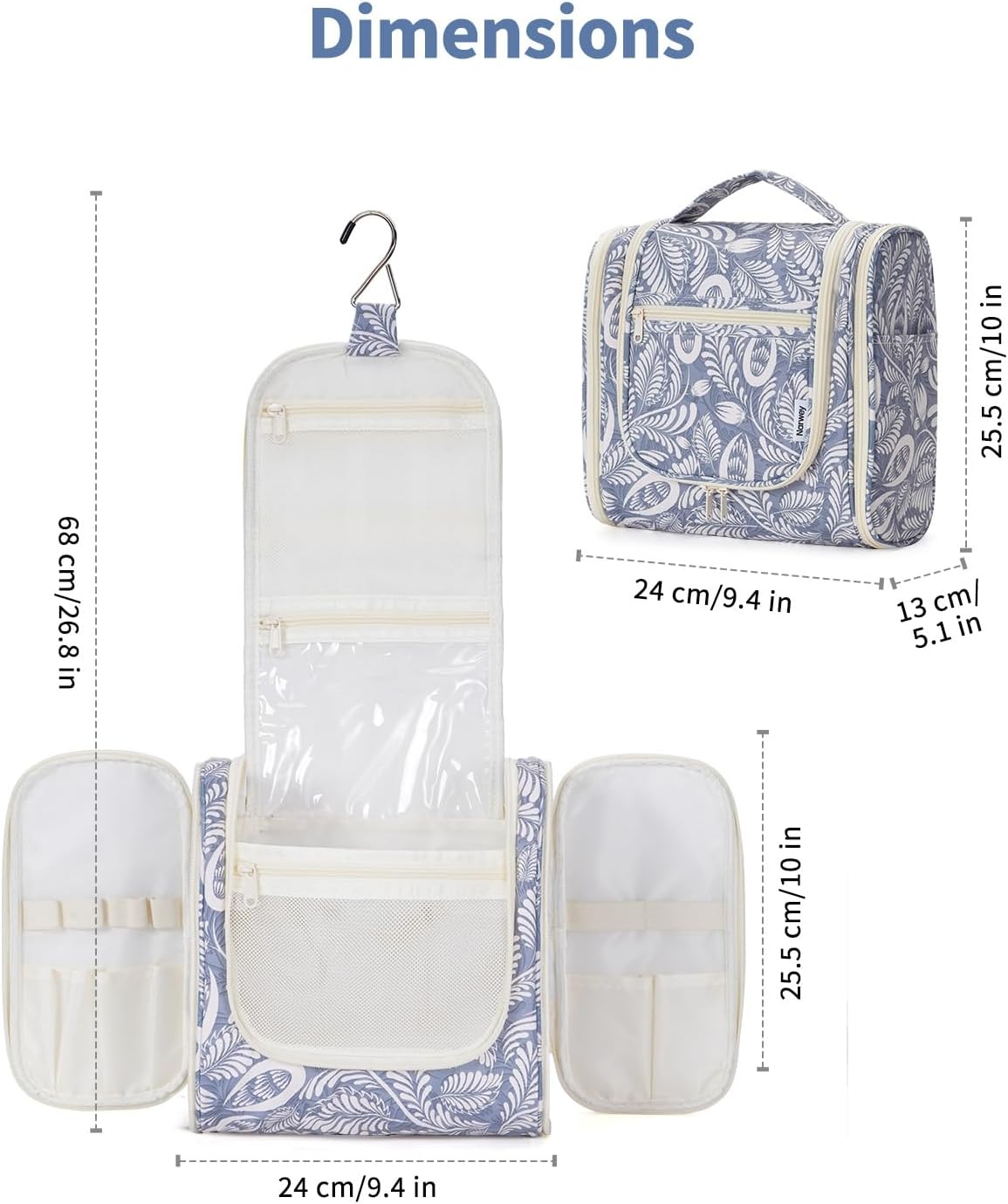 Hanging Toiletry Bag Women Travel Makeup Bag Organizer Toiletries Bag for Travel Size Essentials Accessories Cosmetics (Medium,Blue Flower)