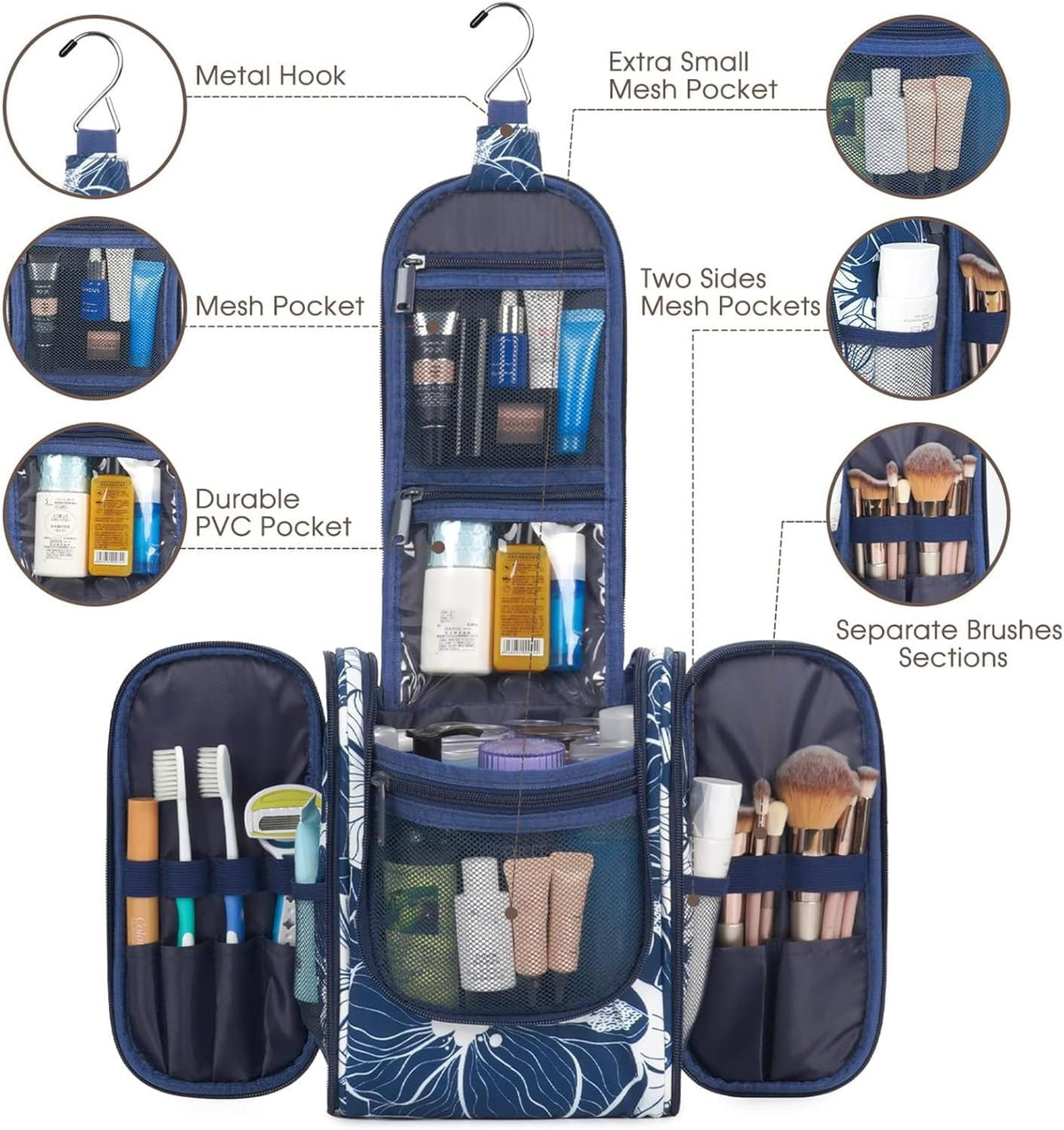 Hanging Toiletry Bag Women Travel Makeup Bag Organizer Toiletries Bag for Travel Size Essentials Accessories Cosmetics (Medium,Blue Flower)