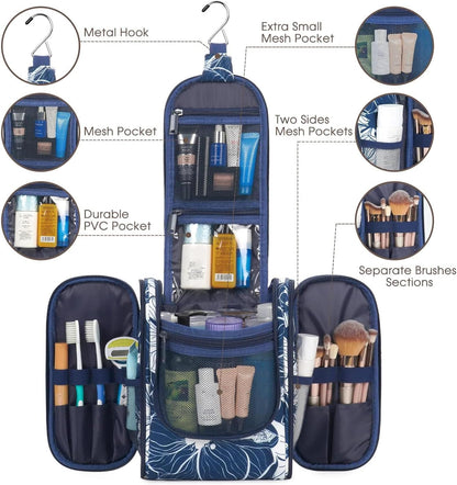 Hanging Toiletry Bag Women Travel Makeup Bag Organizer Toiletries Bag for Travel Size Essentials Accessories Cosmetics (Medium,Blue Flower)