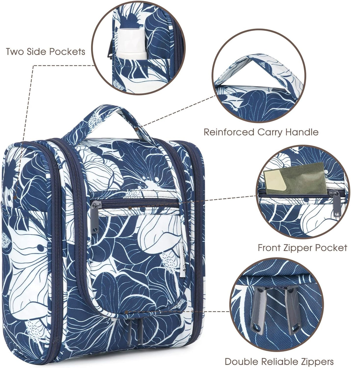 Hanging Toiletry Bag Women Travel Makeup Bag Organizer Toiletries Bag for Travel Size Essentials Accessories Cosmetics (Medium,Blue Flower)