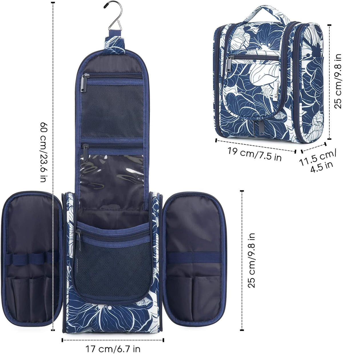Hanging Toiletry Bag Women Travel Makeup Bag Organizer Toiletries Bag for Travel Size Essentials Accessories Cosmetics (Medium,Blue Flower)