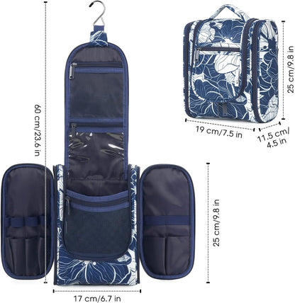 Hanging Toiletry Bag Women Travel Makeup Bag Organizer Toiletries Bag for Travel Size Essentials Accessories Cosmetics (Medium,Blue Flower)