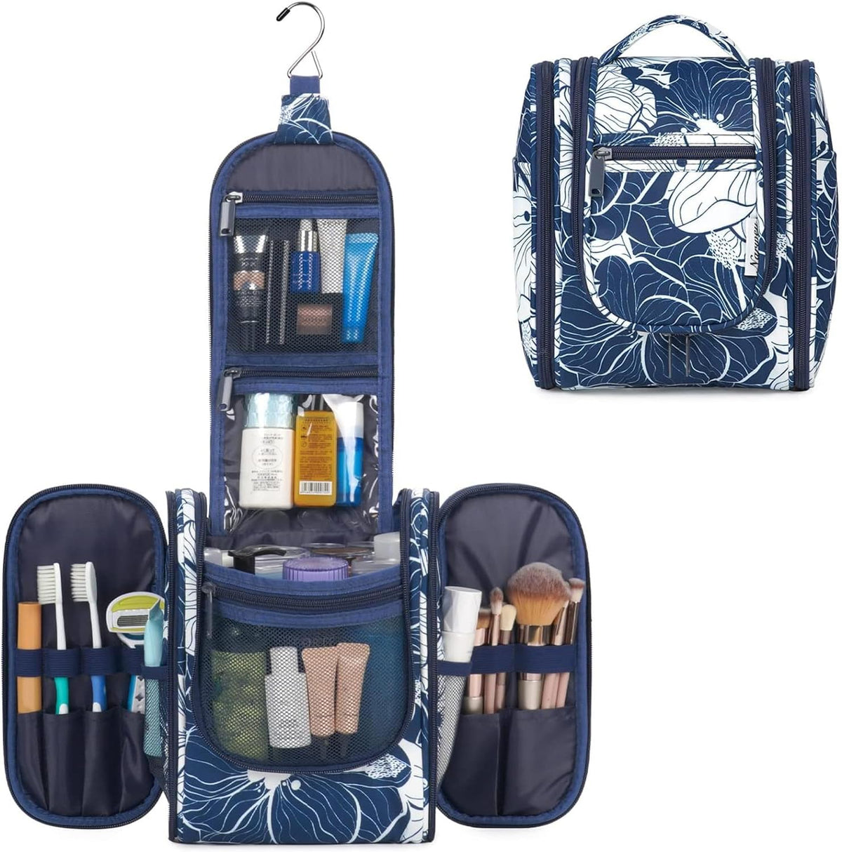Hanging Toiletry Bag Women Travel Makeup Bag Organizer Toiletries Bag for Travel Size Essentials Accessories Cosmetics (Medium,Blue Flower)