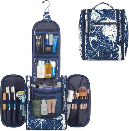 Hanging Toiletry Bag Women Travel Makeup Bag Organizer Toiletries Bag for Travel Size Essentials Accessories Cosmetics (Medium,Blue Flower)
