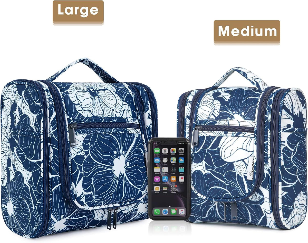 Hanging Toiletry Bag Women Travel Makeup Bag Organizer Toiletries Bag for Travel Size Essentials Accessories Cosmetics (Medium,Blue Flower)
