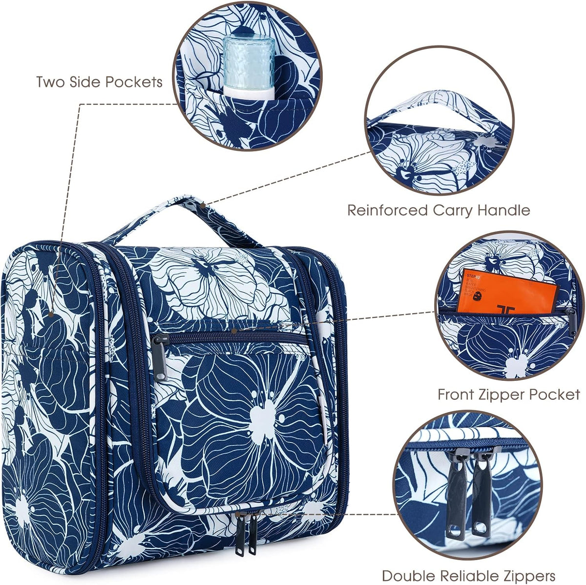 Hanging Toiletry Bag Women Travel Makeup Bag Organizer Toiletries Bag for Travel Size Essentials Accessories Cosmetics (Medium,Blue Flower)