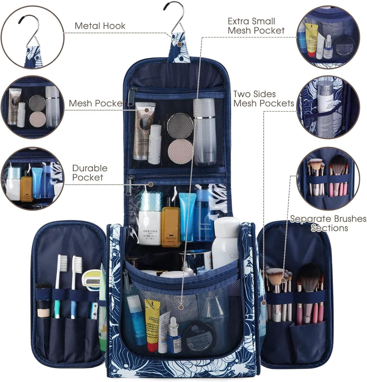 Hanging Toiletry Bag Women Travel Makeup Bag Organizer Toiletries Bag for Travel Size Essentials Accessories Cosmetics (Medium,Blue Flower)