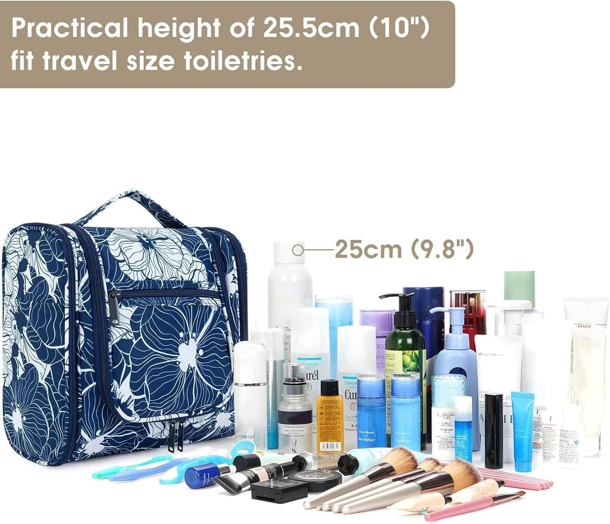 Hanging Toiletry Bag Women Travel Makeup Bag Organizer Toiletries Bag for Travel Size Essentials Accessories Cosmetics (Medium,Blue Flower)