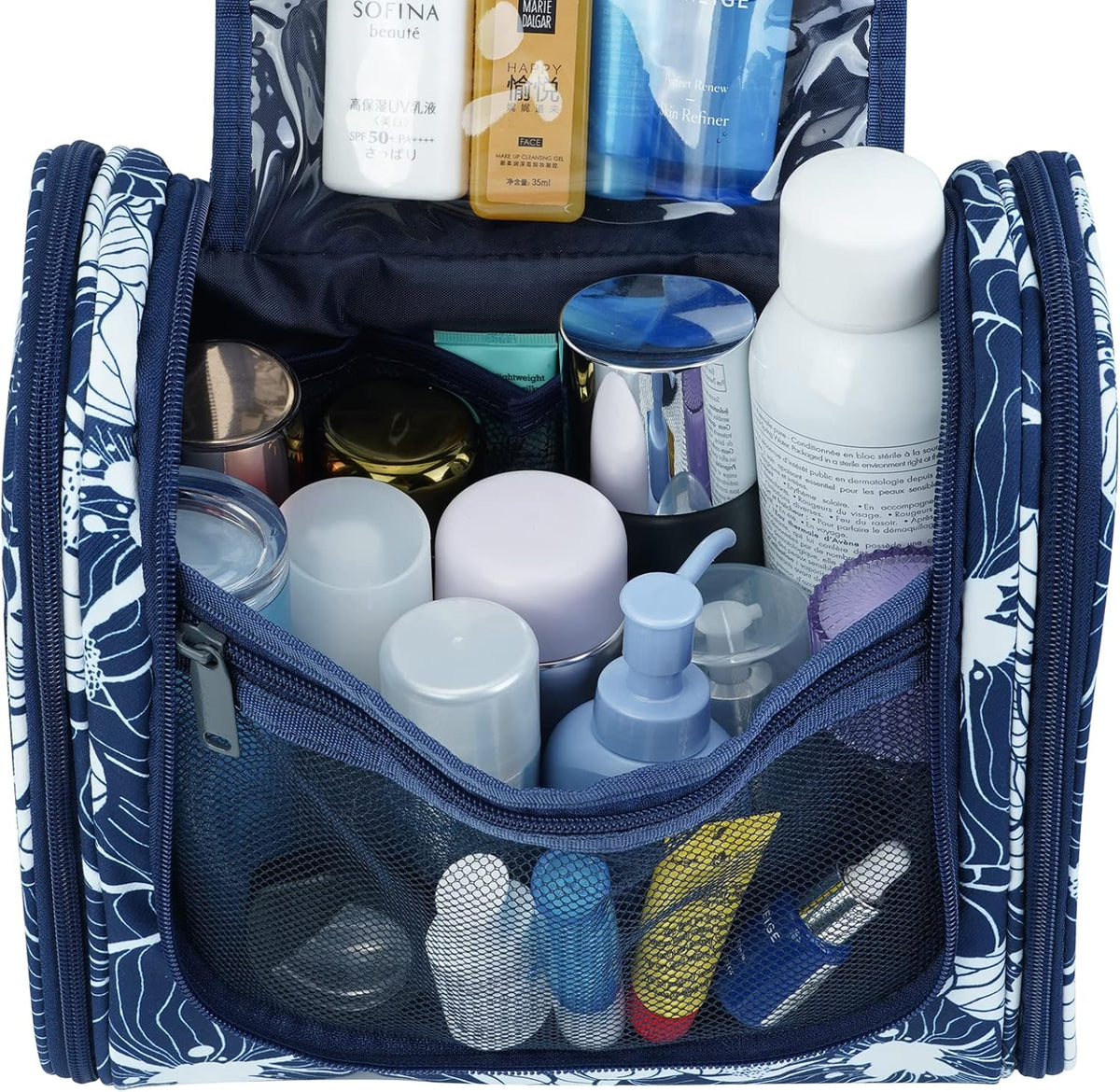 Hanging Toiletry Bag Women Travel Makeup Bag Organizer Toiletries Bag for Travel Size Essentials Accessories Cosmetics (Medium,Blue Flower)